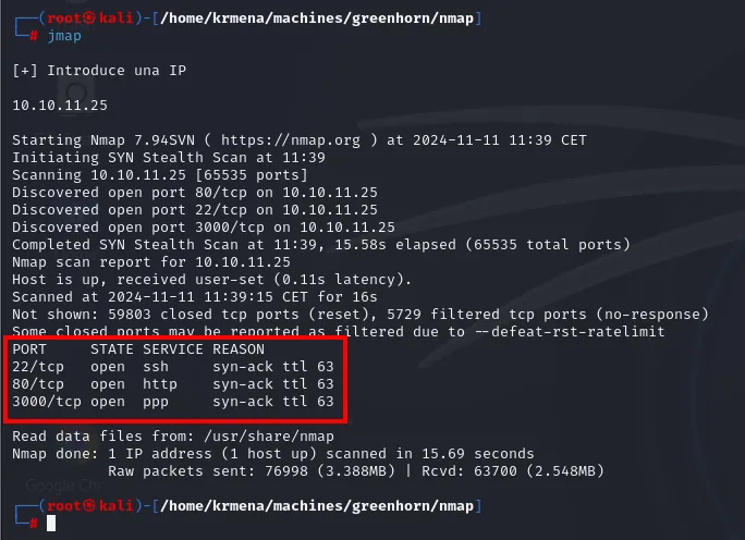jmap pregunta la IP, escanea los 65535 puertos de 10.10.11.25 y encuentra 22, 80 y 3000 con ttl 63