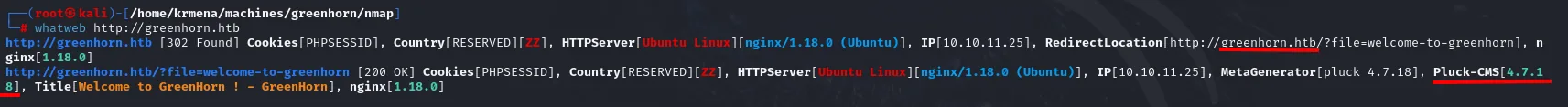 whatweb sigue el redirect 302 y en la respuesta 200 identifica nginx 1.18.0, MetaGenerator pluck 4.7.18 y Pluck-CMS 4.7.18