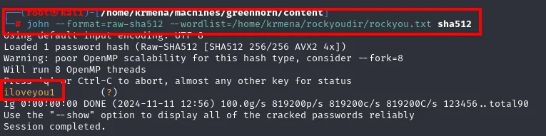john carga un hash Raw-SHA512, usa 8 hilos OpenMP y en menos de un segundo devuelve iloveyou1