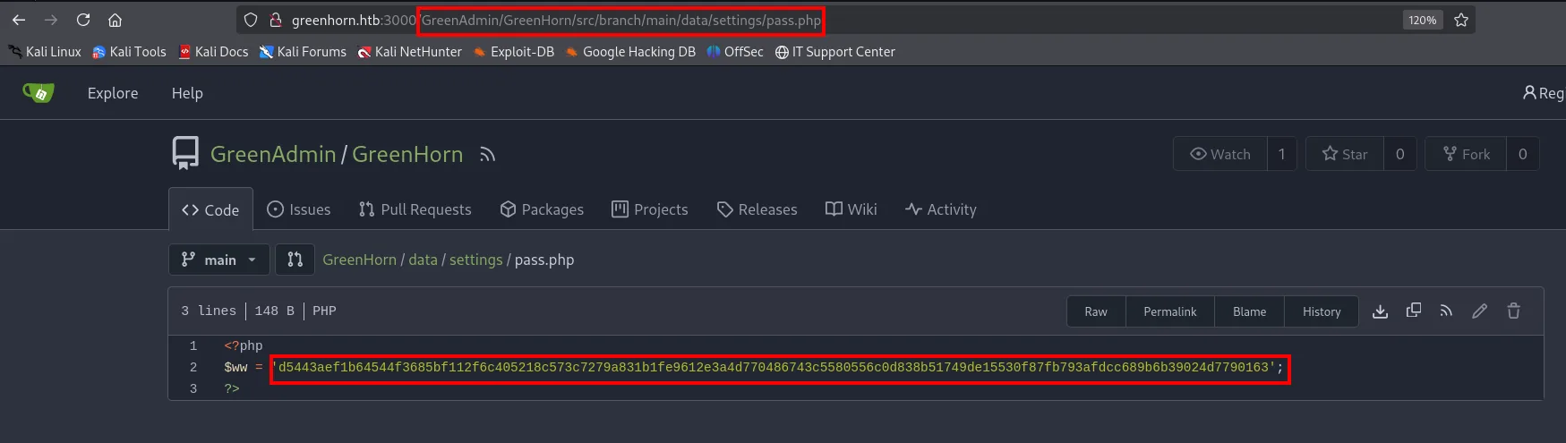 el fichero pass.php del repo GreenAdmin/GreenHorn en Gitea contiene la variable $ww con un hash de 128 caracteres hexadecimales