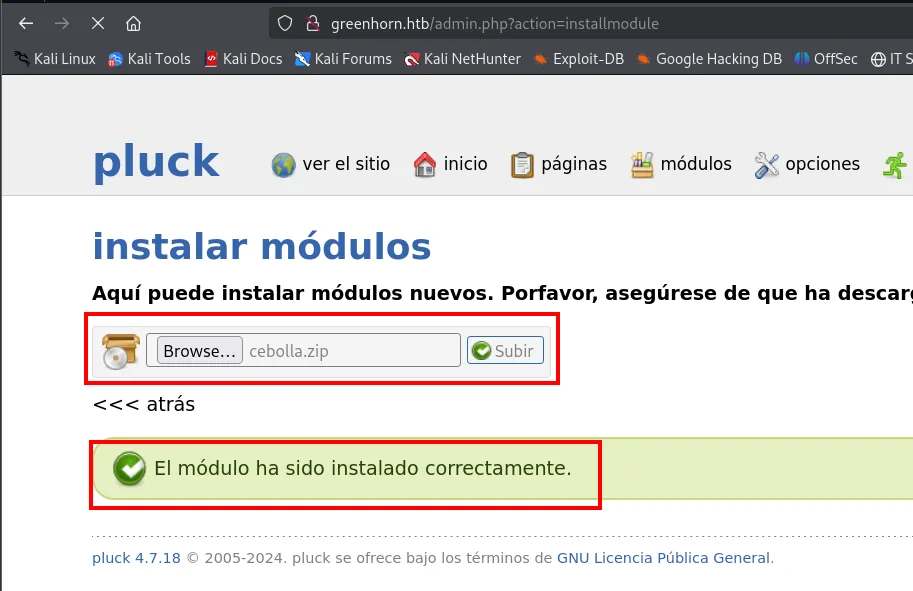 el instalador de módulos de Pluck con cebolla.zip seleccionado muestra el mensaje El módulo ha sido instalado correctamente