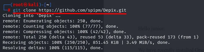 git clone de https://github.com/spipm/Depix.git descarga 250 objetos, 851.45 KiB