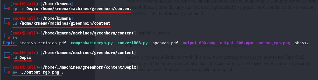 se copia el directorio Depix al directorio content, se entra en él y se mueve output_rgb.png dentro