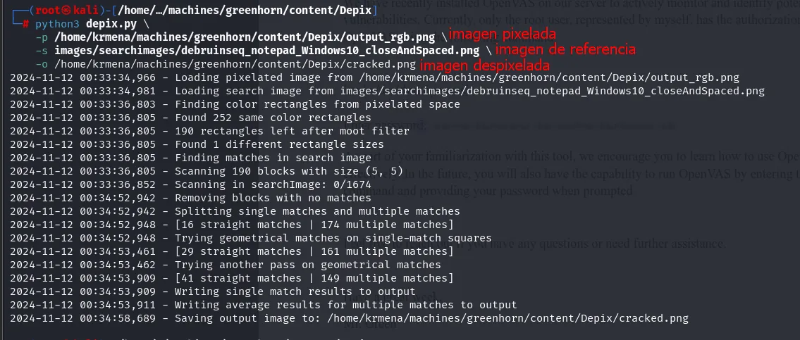 depix.py con -p imagen pixelada, -s imagen de referencia y -o imagen despixelada, con el log de bloques y coincidencias