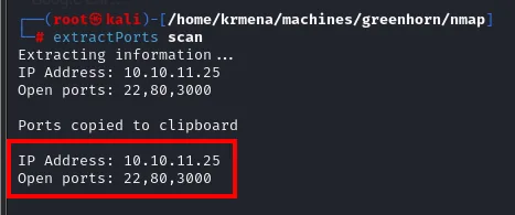 extractPorts imprime la IP 10.10.11.25 y los puertos 22,80,3000 y los copia al portapapeles