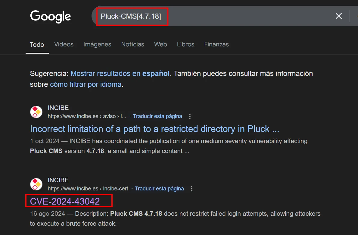 búsqueda en Google de Pluck-CMS[4.7.18] con resultados de INCIBE y la CVE-2024-43042