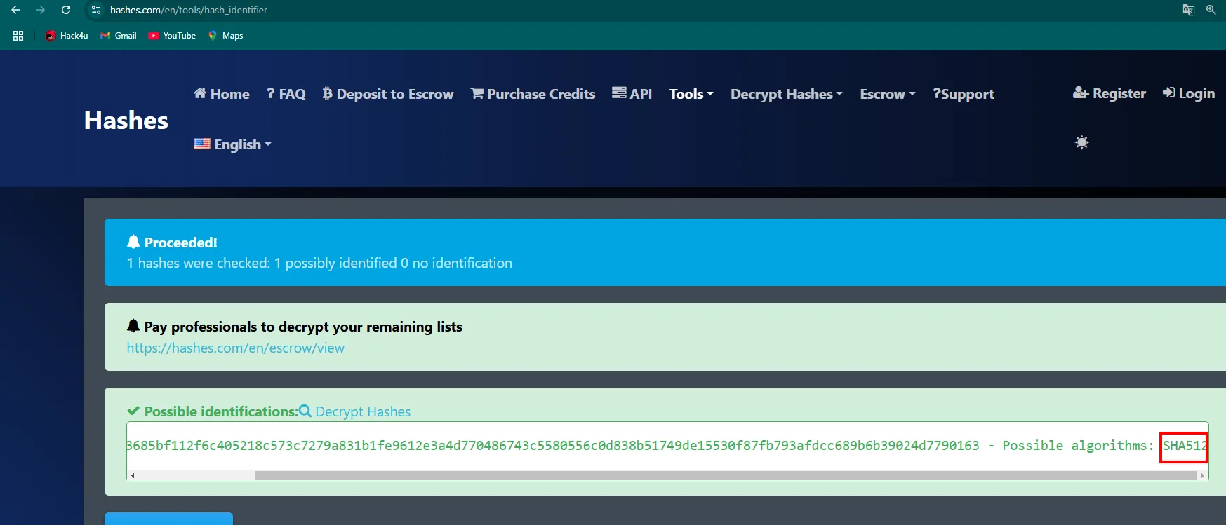 hashes.com identifica el hash de 128 caracteres como posible algoritmo SHA512