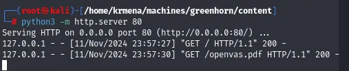 python3 -m http.server 80 sirve el directorio content y registra dos peticiones GET, la segunda a /openvas.pdf con 200