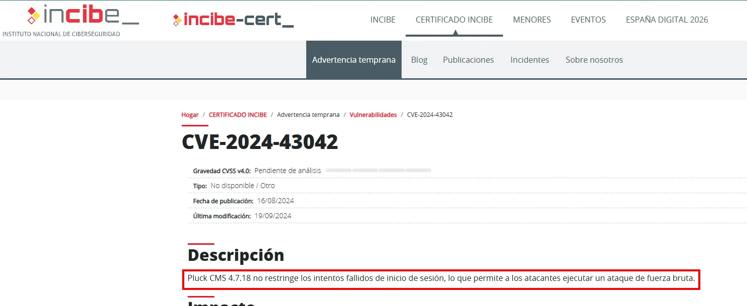 la ficha de INCIBE-CERT para CVE-2024-43042 describe que Pluck CMS 4.7.18 no restringe los intentos fallidos de inicio de sesión