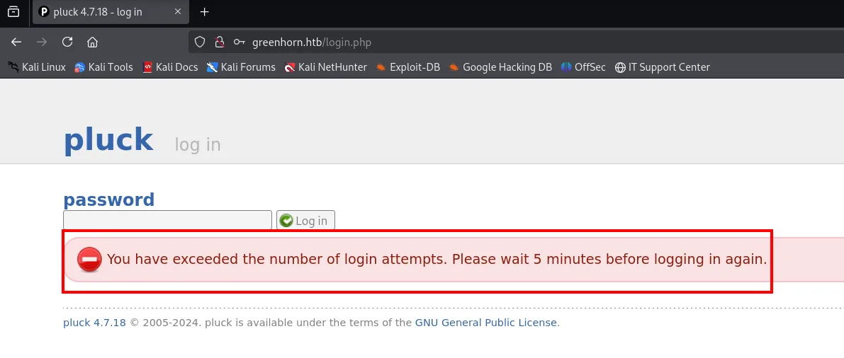 el login de pluck 4.7.18 muestra el error You have exceeded the number of login attempts. Please wait 5 minutes before logging in again