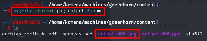 mogrify convierte output-000.ppm a output-000.png, que aparece en el ls junto al ppm original