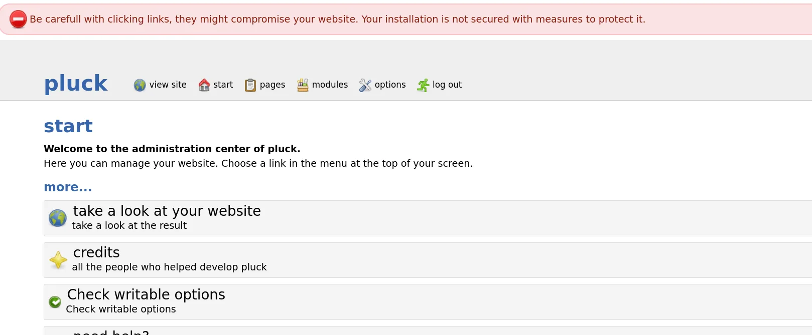 el panel de administración de pluck muestra la pantalla start con el menú view site, pages, modules, options y log out