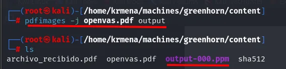 pdfimages -j sobre openvas.pdf genera output-000.ppm, visible en el ls posterior