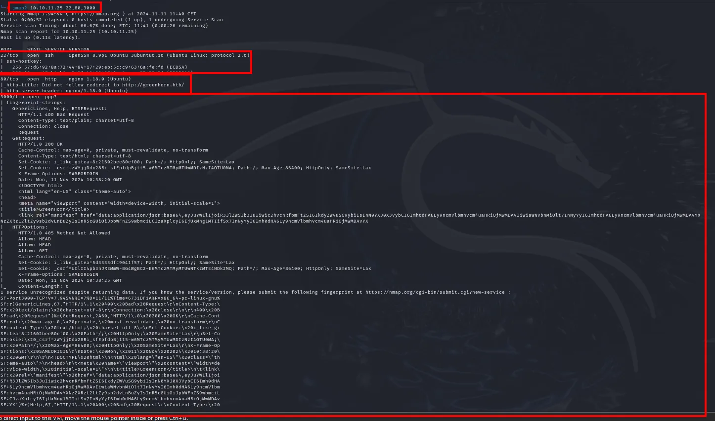 nmap -sCV identifica OpenSSH 8.9p1 Ubuntu, nginx 1.18.0 con redirect a greenhorn.htb y un servicio no reconocido en el 3000 cuyo HTML dice GreenHorn
