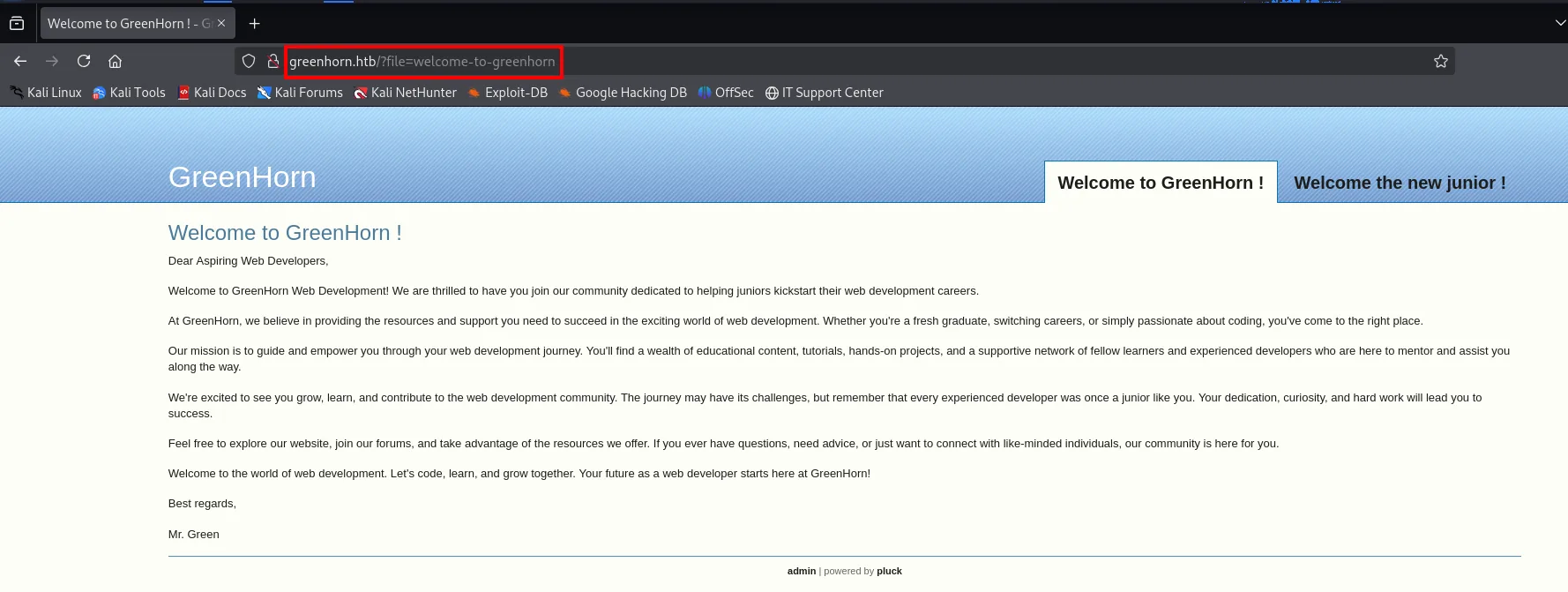 la web de greenhorn.htb muestra la carta Welcome to GreenHorn firmada por Mr. Green y al pie admin powered by pluck