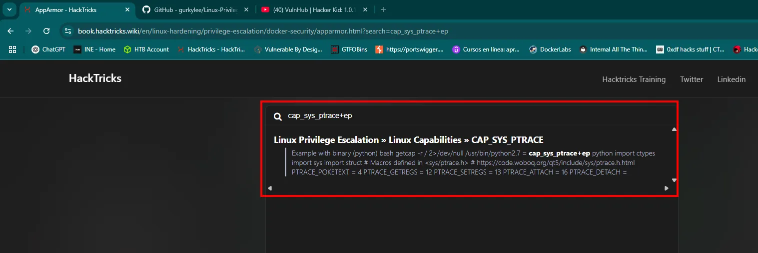 el buscador de HackTricks con la consulta cap_sys_ptrace+ep devolviendo la entrada Linux Privilege Escalation, Linux Capabilities, CAP_SYS_PTRACE