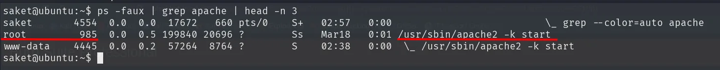 ps -faux filtrado por apache muestra el proceso maestro corriendo como root y un hijo como www-data