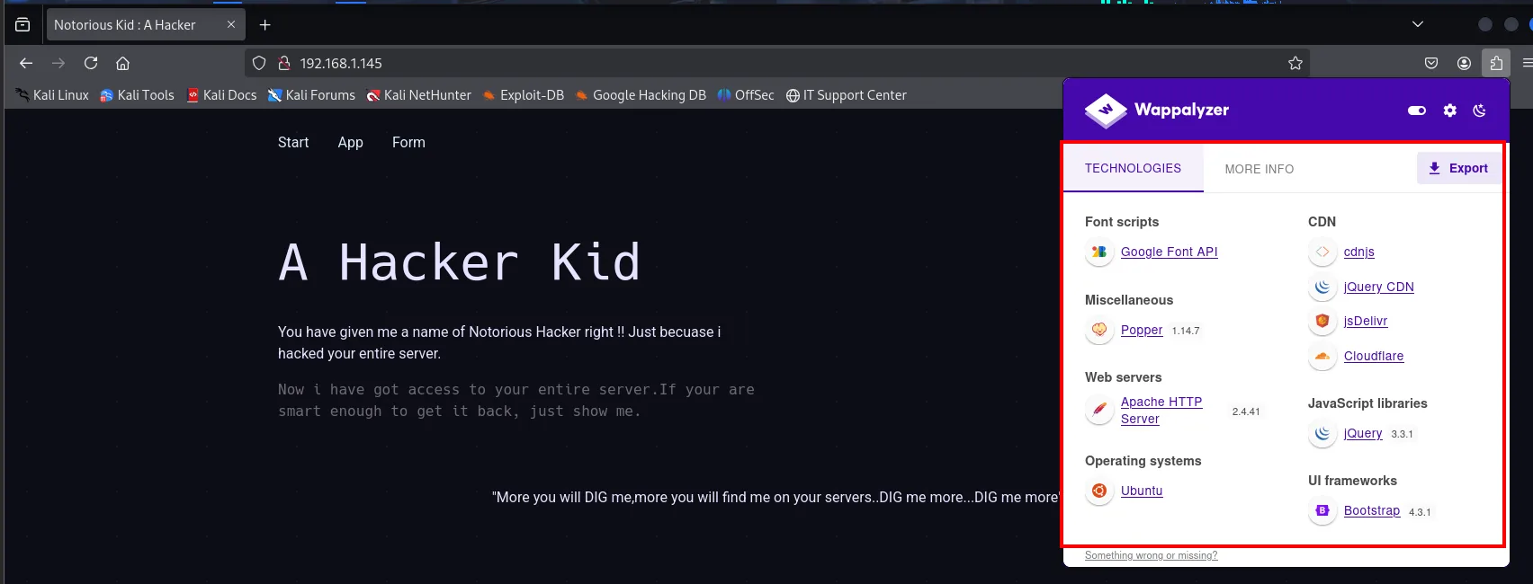 la portada A Hacker Kid en el puerto 80 con Wappalyzer detectando Apache 2.4.41, Ubuntu, Bootstrap 4.3.1 y jQuery 3.3.1