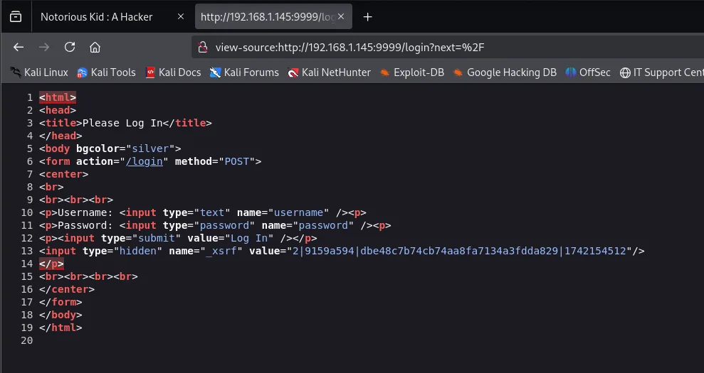 el view-source del login del 9999: un formulario POST a /login con los campos username, password y un input oculto _xsrf