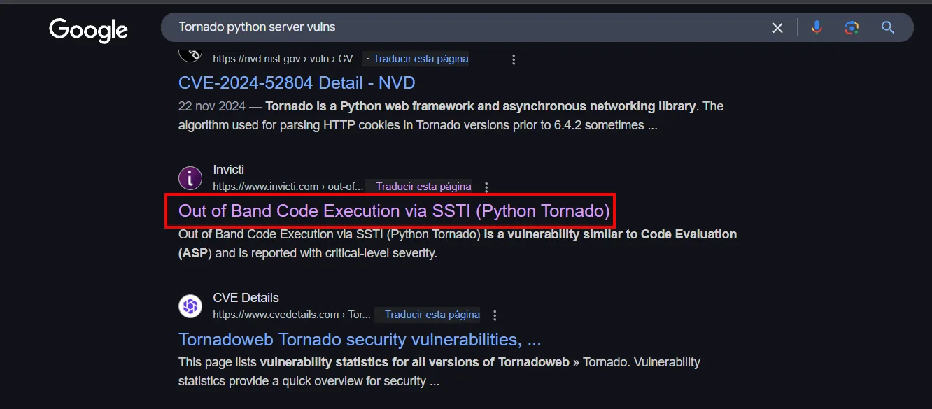 la búsqueda de "Tornado python server vulns" devuelve, entre otros resultados, Out of Band Code Execution via SSTI en Python Tornado