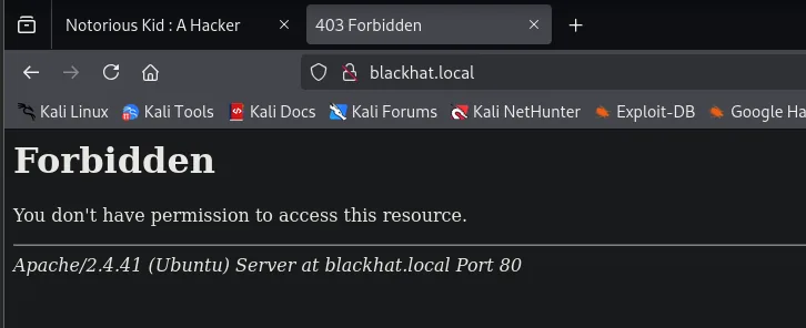 blackhat.local devuelve un 403 Forbidden de Apache/2.4.41 (Ubuntu): "You don't have permission to access this resource."