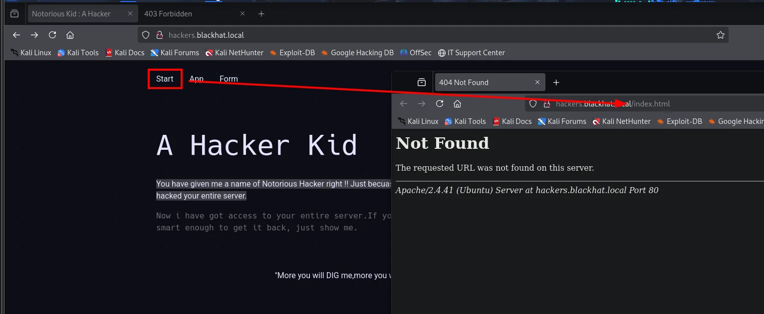 hackers.blackhat.local muestra la misma página "A Hacker Kid", y su enlace Start apunta a /index.html, que responde 404 Not Found