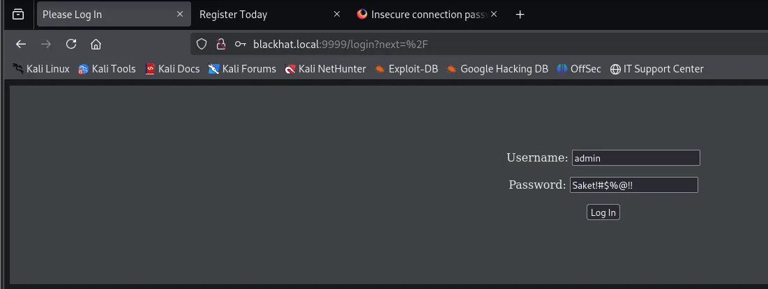 Formulario de login de blackhat.local:9999 con Username "admin" y la contraseña rellenada