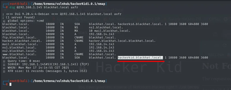 La transferencia de zona AXFR de blackhat.local lista todos los registros e incluye hackerkid.blackhat.local