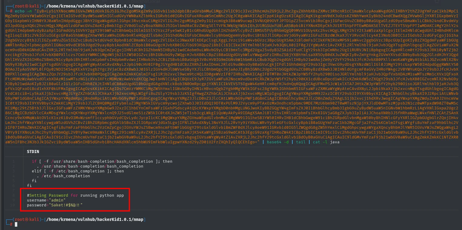 El .bashrc de saket decodificado muestra el comentario "#Setting Password for running python app" seguido de username="admin" y password="Saket!#$%@!!"