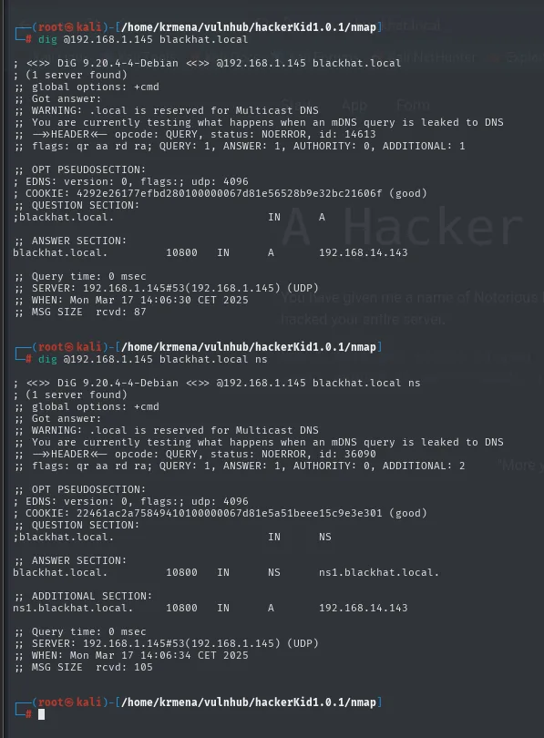 dos consultas dig contra 192.168.1.145: la primera devuelve blackhat.local A 192.168.14.143, la segunda NS ns1.blackhat.local