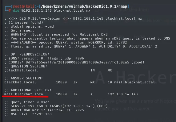 dig mx contra blackhat.local: devuelve MX 10 mail.blackhat.local con su registro A en la ADDITIONAL SECTION