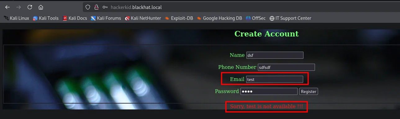 El formulario con "test" en el campo Email devuelve el mensaje "Sorry, test is not available !!!"