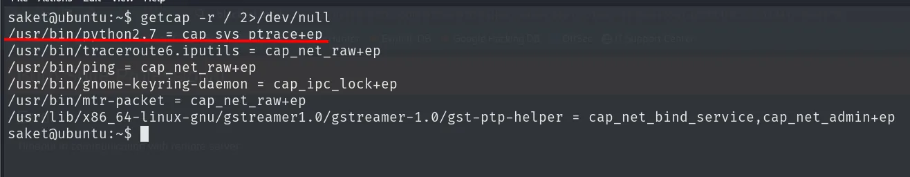 getcap -r / mostrando /usr/bin/python2.7 = cap_sys_ptrace+ep entre otras capabilities del sistema