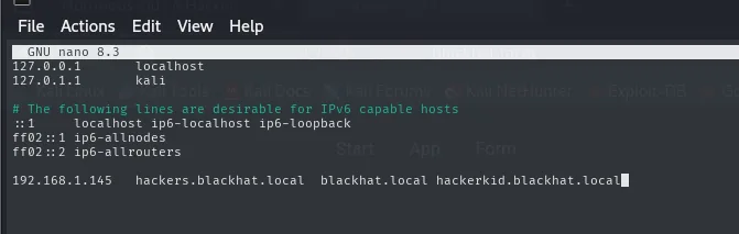/etc/hosts con blackhat.local, hackers.blackhat.local y hackerkid.blackhat.local apuntando a 192.168.1.145