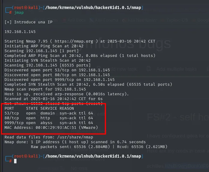 Salida de nmap -sS -n -Pn -p- contra 192.168.1.145: descubre los puertos 53, 80 y 9999 abiertos, con la MAC 00:0C:29:93:AC:51 (VMware)