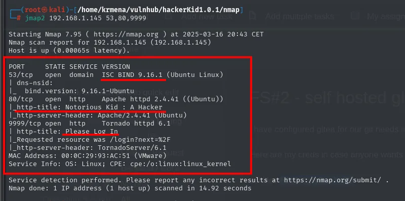 nmap -sCV sobre 53, 80 y 9999: ISC BIND 9.16.1, Apache httpd 2.4.41 y Tornado httpd 6.1 con el título "Please Log In"