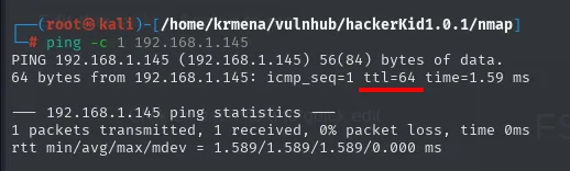 ping -c 1 192.168.1.145 con una respuesta icmp_seq=1 ttl=64 time=1.59 ms y 0% packet loss