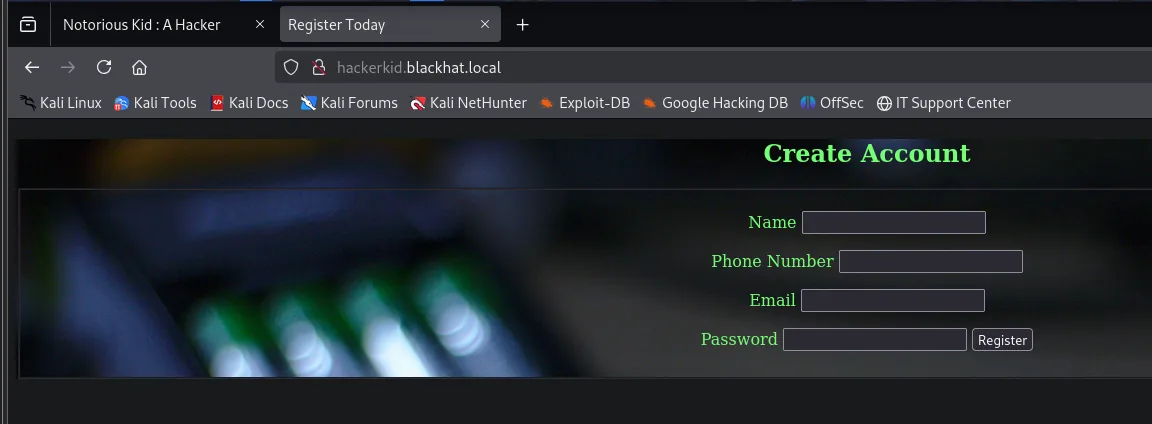 hackerkid.blackhat.local muestra un formulario "Create Account" con los campos Name, Phone Number, Email y Password y un botón Register