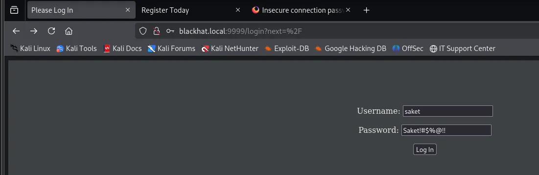 Formulario de login de blackhat.local:9999 con Username "saket" y la contraseña Saket!#$%@!!