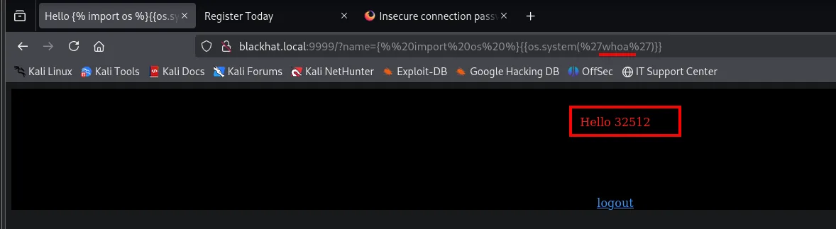 La misma URL con el comando inexistente "whoa" devuelve "Hello 32512"