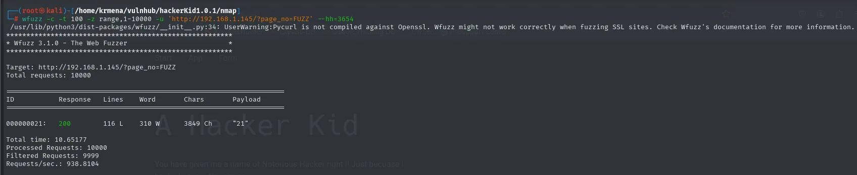 wfuzz con payload de rango 1-10000 contra ?page_no: de 10000 peticiones filtra 9999 y solo devuelve la ID 000000021 con 3849 caracteres